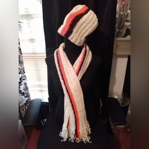 Hand crocheted orange brown and ivory hat set